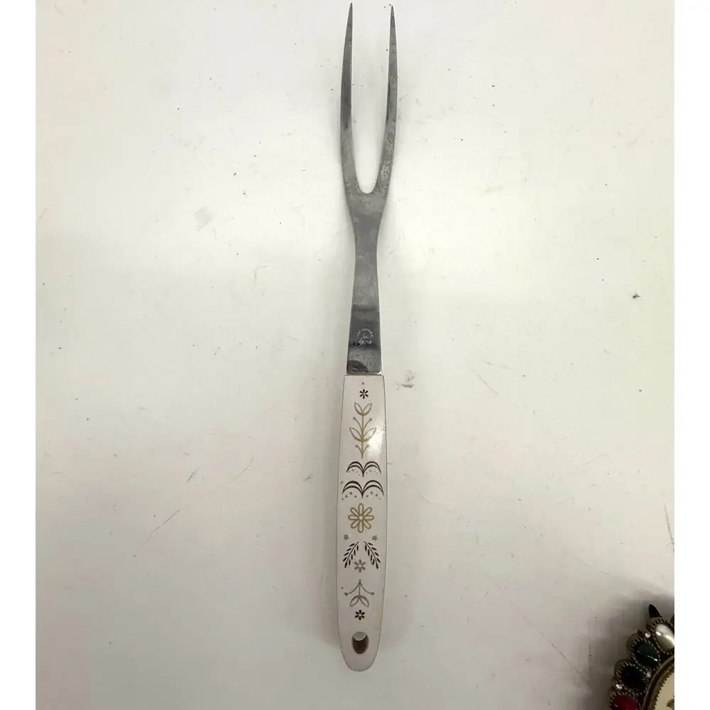 Flint Stainless USA Vintage Meat Carving Fork Floral Atomic Ivory Handle MCM